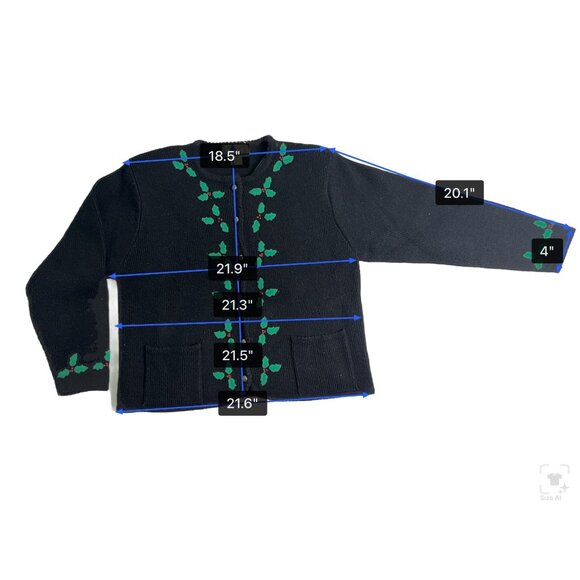 Vintage Tally-Ho Black Cardigan Sweater Holly Leaf Embroidery Button Front Sz PM - Picture 7 of 8